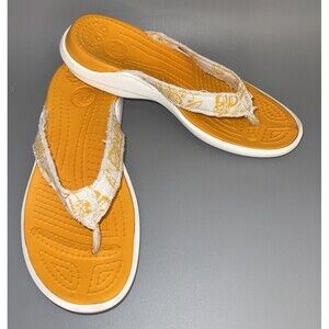 Crocs Canvas Thong Sandals Womens 9 Orange White Tropical Print Flip Flops Flat